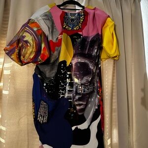 Zara Yellow Pink Sheath Midi Dress Crew Neck